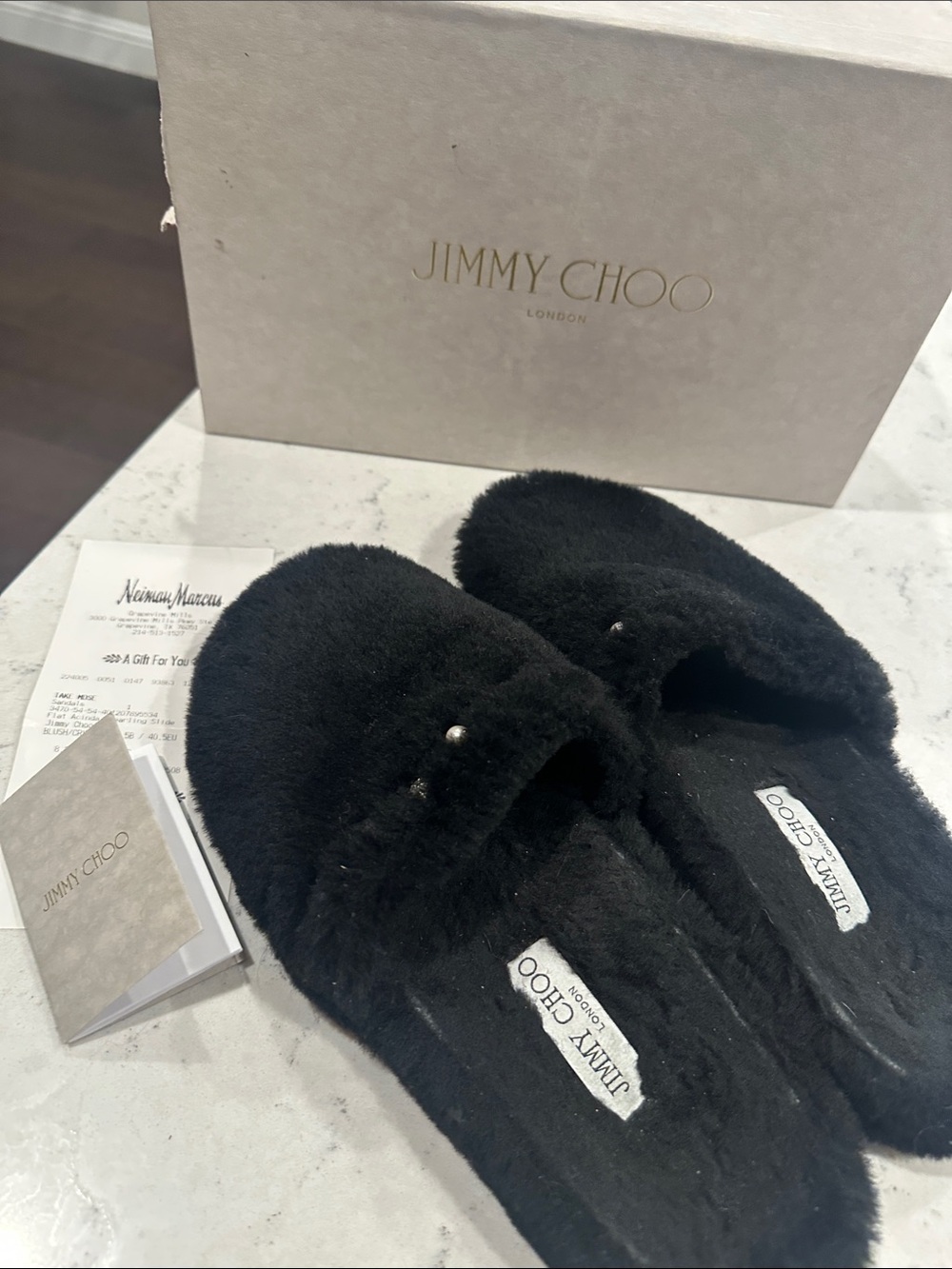 Jimmy Choo Acinda Shearling Slippers – Black – Size 40.5 / US 10.5 – Authentic